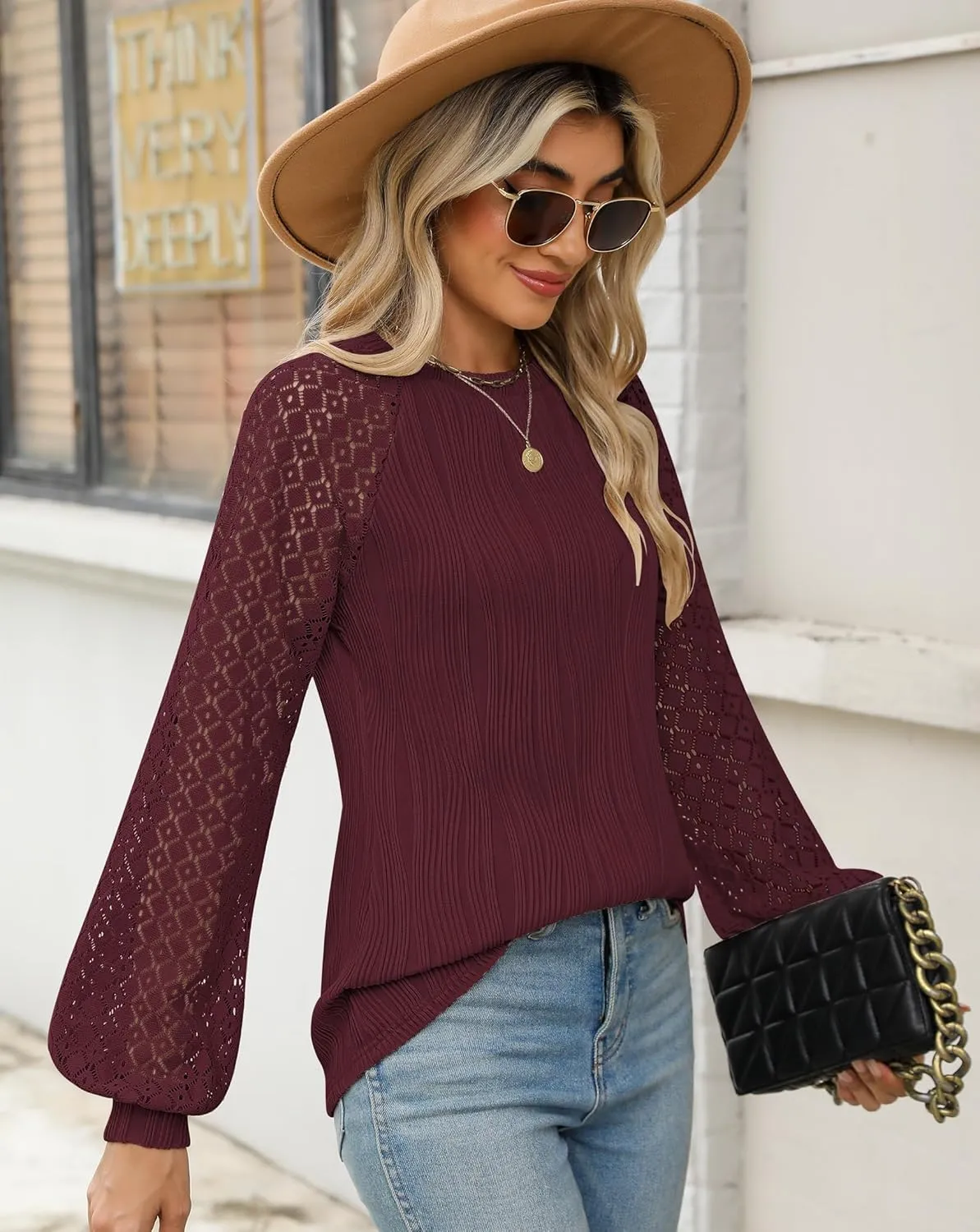 Womens Long Sleeve Textured Shirts Lace Tops Dressy Business Casual Blouses Trendy Outfits 2025