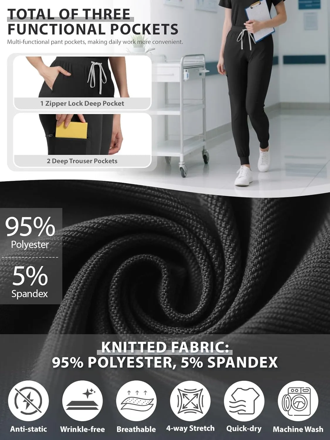 Women's Medical Scrub Pants, Soft Jogger Pant Scrub Bottoms with Zip Pocket Drawstring Mid-Rise Yoga Slim Cargo Pants