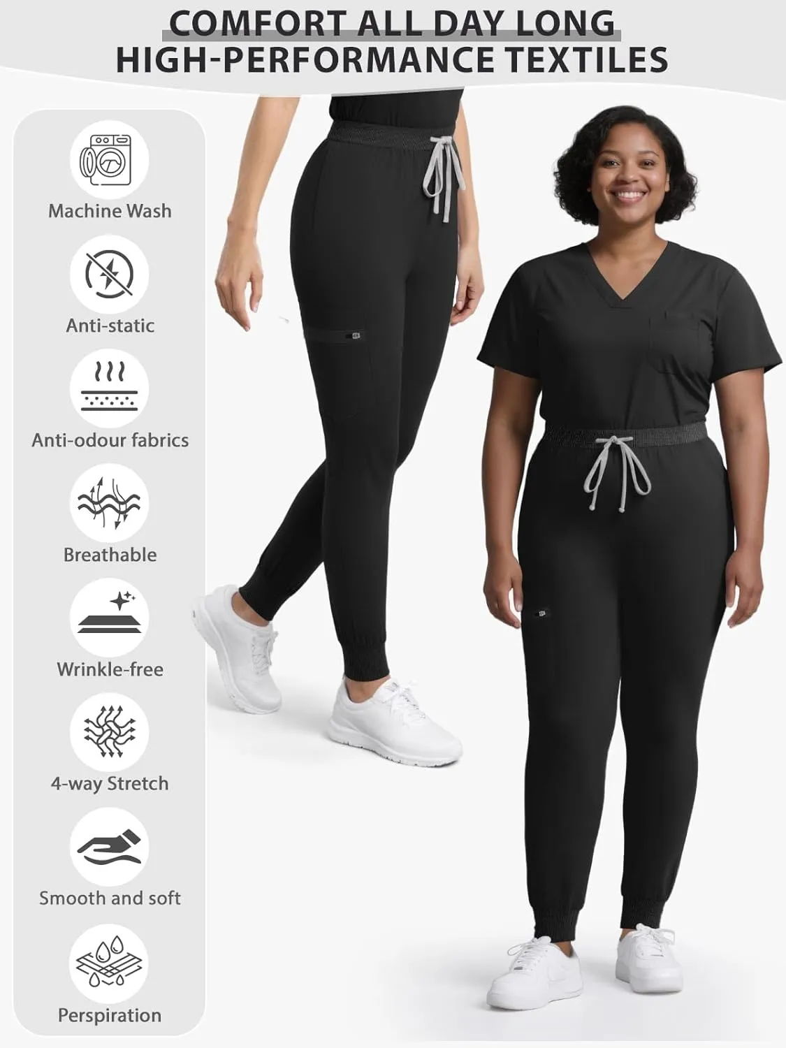 Women's Medical Scrub Pants, Soft Jogger Pant Scrub Bottoms with Zip Pocket Drawstring Mid-Rise Yoga Slim Cargo Pants