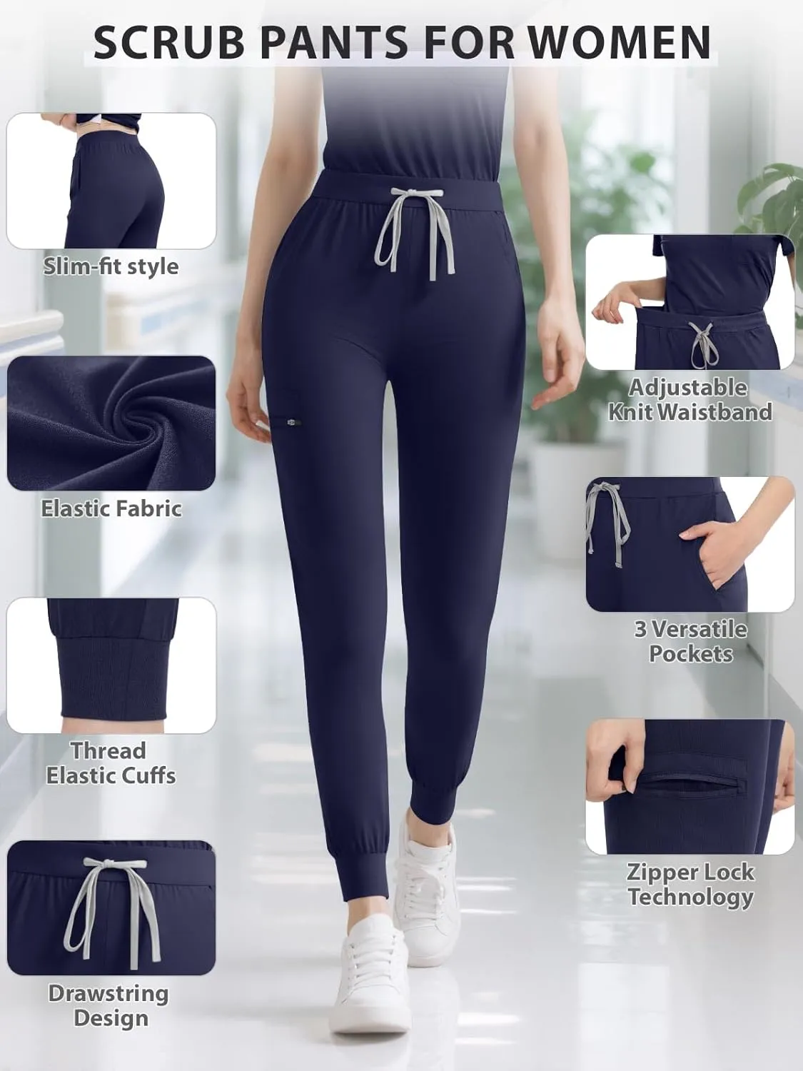 Women's Medical Scrub Pants, Soft Jogger Pant Scrub Bottoms with Zip Pocket Drawstring Mid-Rise Yoga Slim Cargo Pants