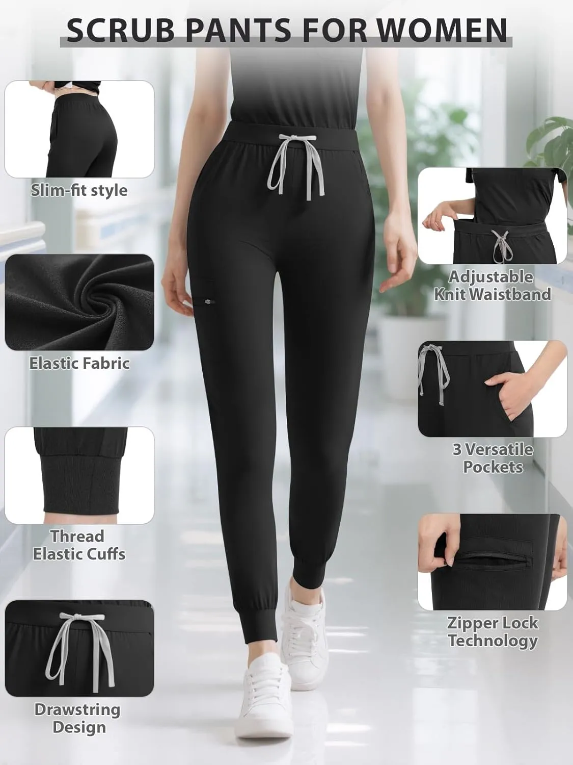 Women's Medical Scrub Pants, Soft Jogger Pant Scrub Bottoms with Zip Pocket Drawstring Mid-Rise Yoga Slim Cargo Pants