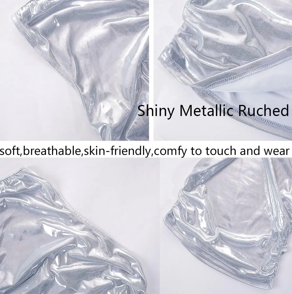 Women's One Shoulder Crop Tank Top Bra Shiny Metallic Ruched Sleeveless Tops Cut Out Sparkling Tee Shirt Party Clubwear