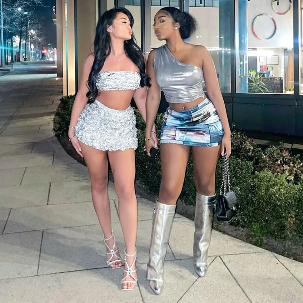 Women's One Shoulder Crop Tank Top Bra Shiny Metallic Ruched Sleeveless Tops Cut Out Sparkling Tee Shirt Party Clubwear