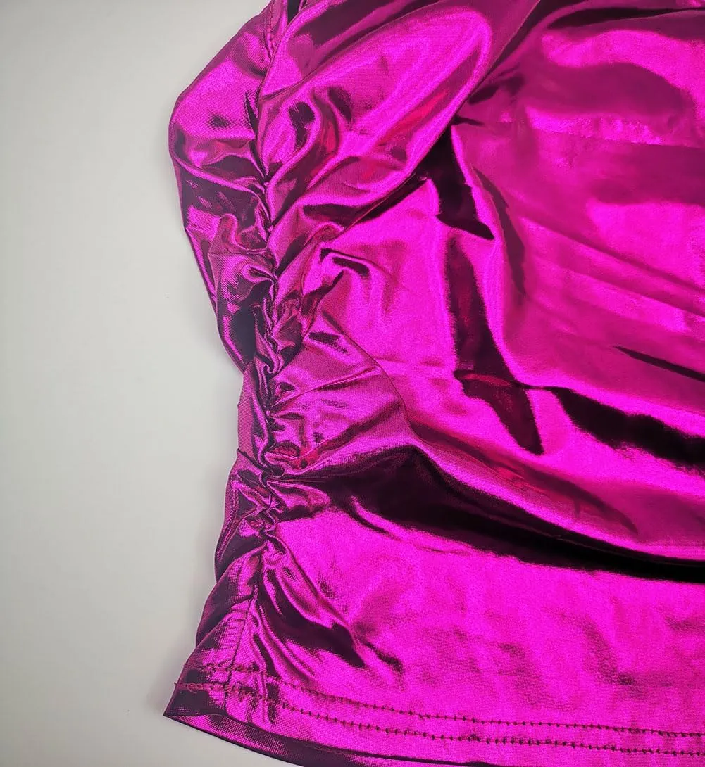 Women's One Shoulder Crop Tank Top Bra Shiny Metallic Ruched Sleeveless Tops Cut Out Sparkling Tee Shirt Party Clubwear