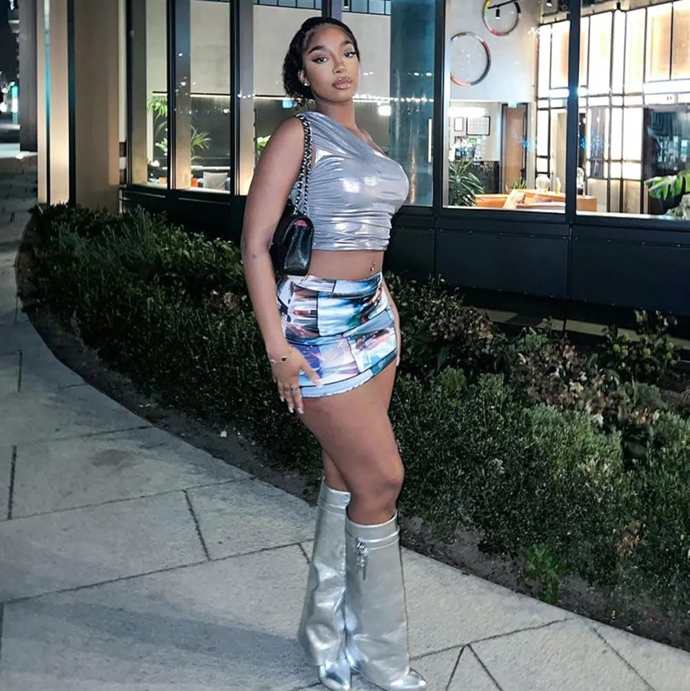 Women's One Shoulder Crop Tank Top Bra Shiny Metallic Ruched Sleeveless Tops Cut Out Sparkling Tee Shirt Party Clubwear
