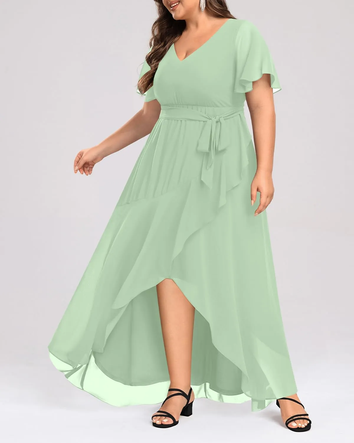 Womens Plus Size Long Dress Chiffon High Low Split Ruffle Evening Bridesmaid Wedding Guest Formal Maxi Dresses