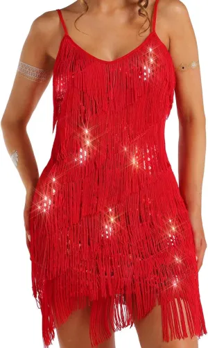Women's Sparkly Sequin Dress Fringe Bodycon Dance Tassel Dresses Spaghetti Strap Mini Dress Clubwear