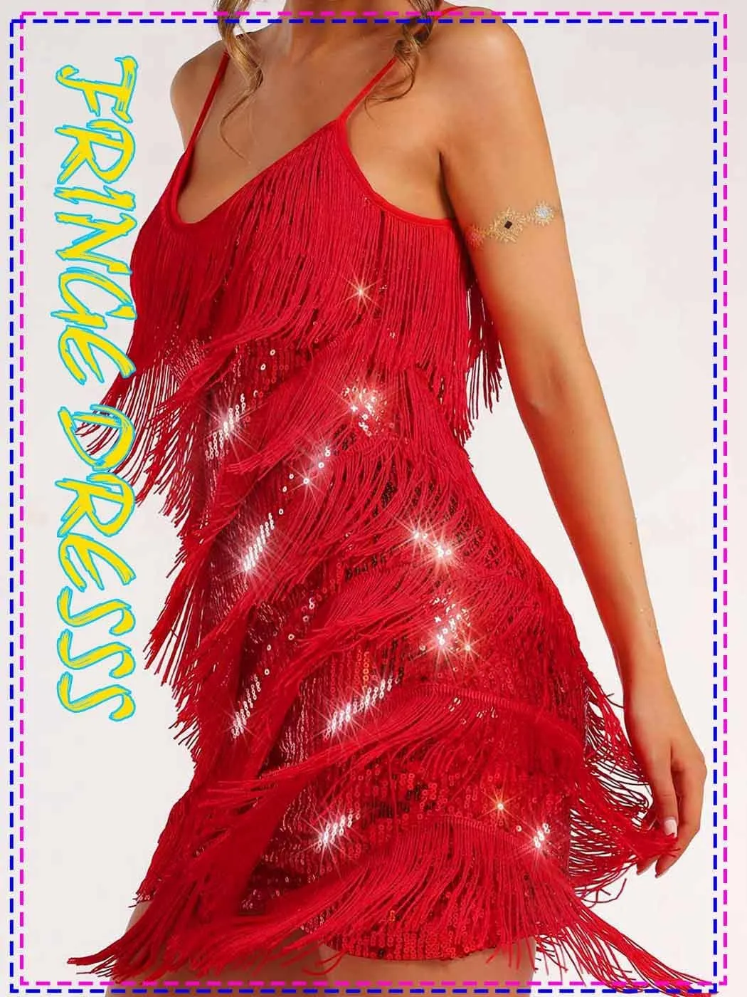 Women's Sparkly Sequin Dress Fringe Bodycon Dance Tassel Dresses Spaghetti Strap Mini Dress Clubwear