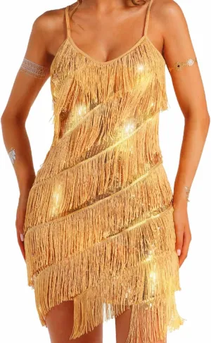 Women's Sparkly Sequin Dress Fringe Bodycon Dance Tassel Dresses Spaghetti Strap Mini Dress Clubwear