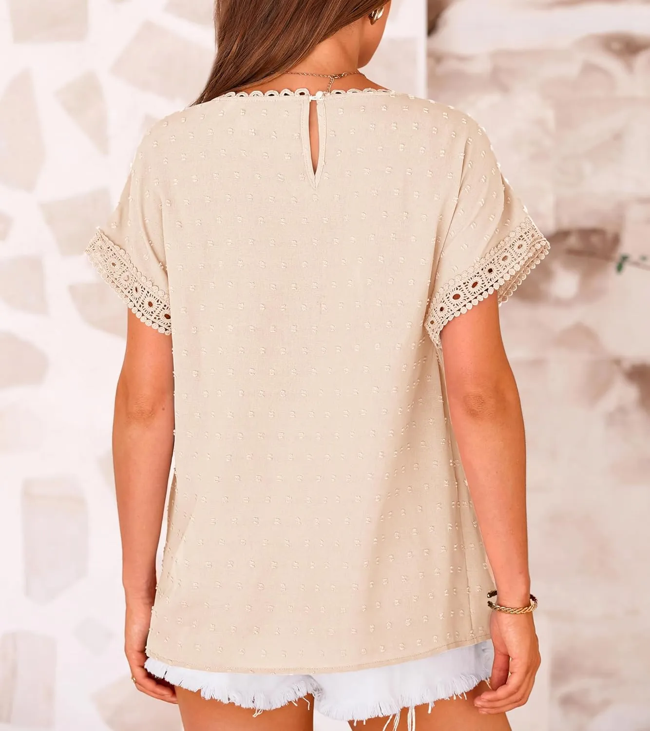 Womens Summer Tops 2025 Trendy Crewneck Boho Lace Crochet Short Sleeve Shirts Casual Flowy Swiss Dots Chiffon Blouses