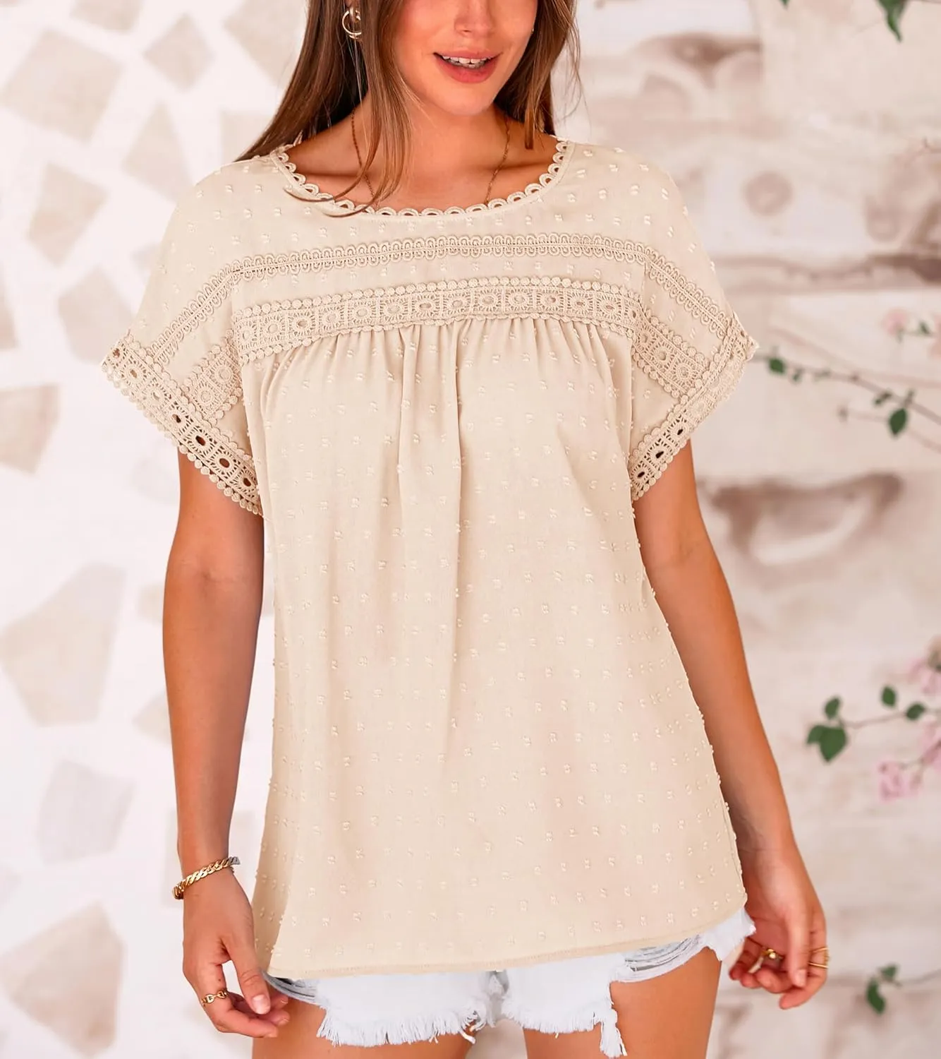 Womens Summer Tops 2025 Trendy Crewneck Boho Lace Crochet Short Sleeve Shirts Casual Flowy Swiss Dots Chiffon Blouses