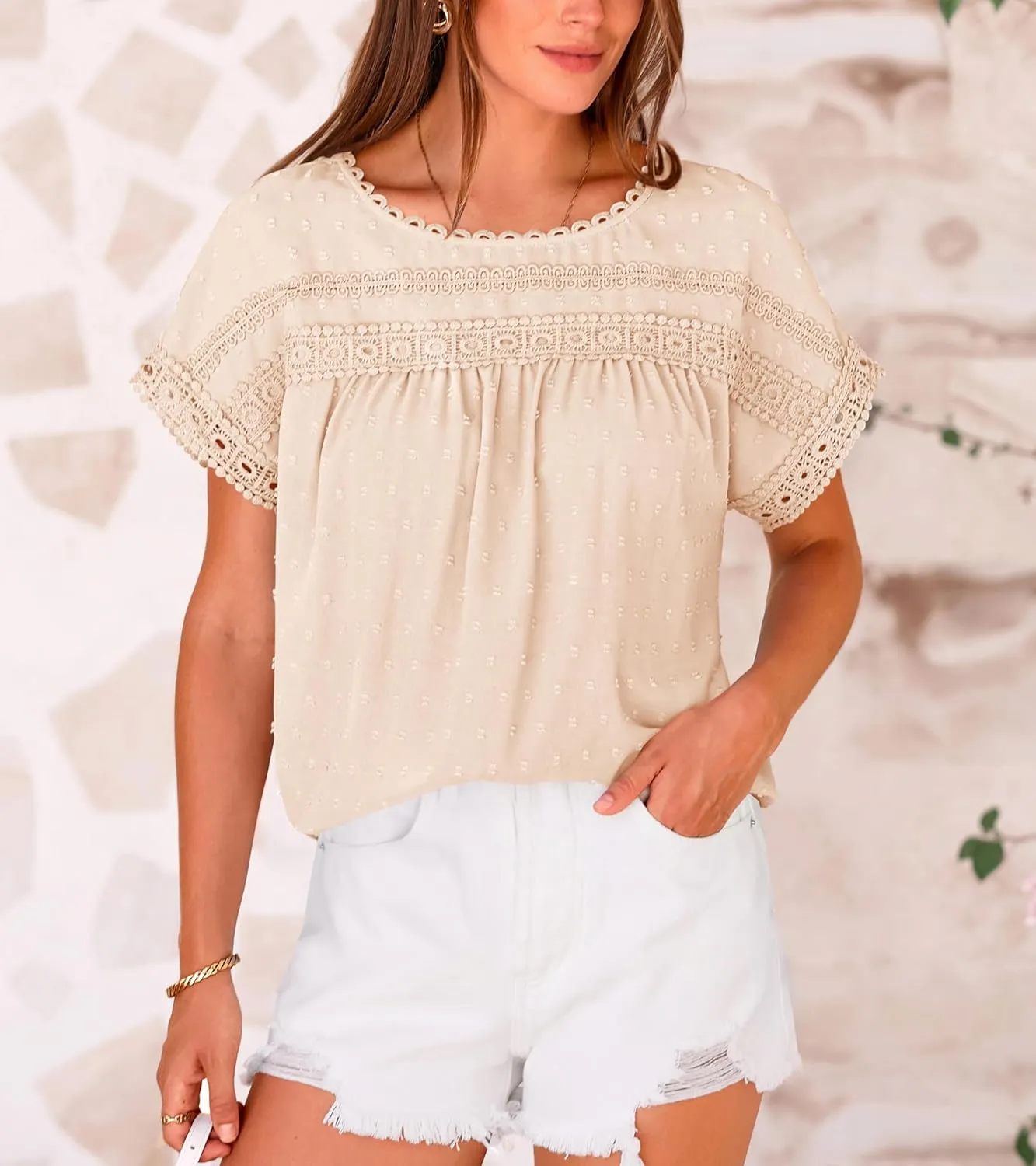 Womens Summer Tops 2025 Trendy Crewneck Boho Lace Crochet Short Sleeve Shirts Casual Flowy Swiss Dots Chiffon Blouses