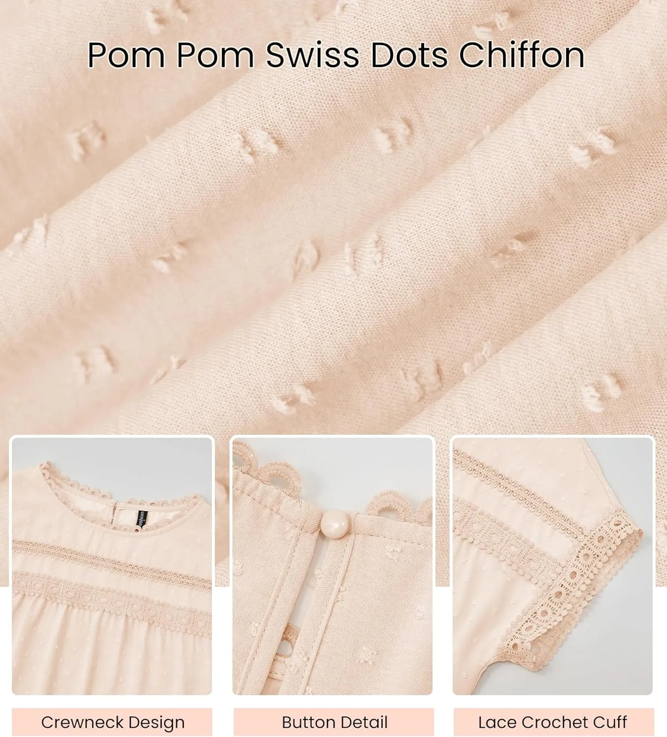 Womens Summer Tops 2025 Trendy Crewneck Boho Lace Crochet Short Sleeve Shirts Casual Flowy Swiss Dots Chiffon Blouses