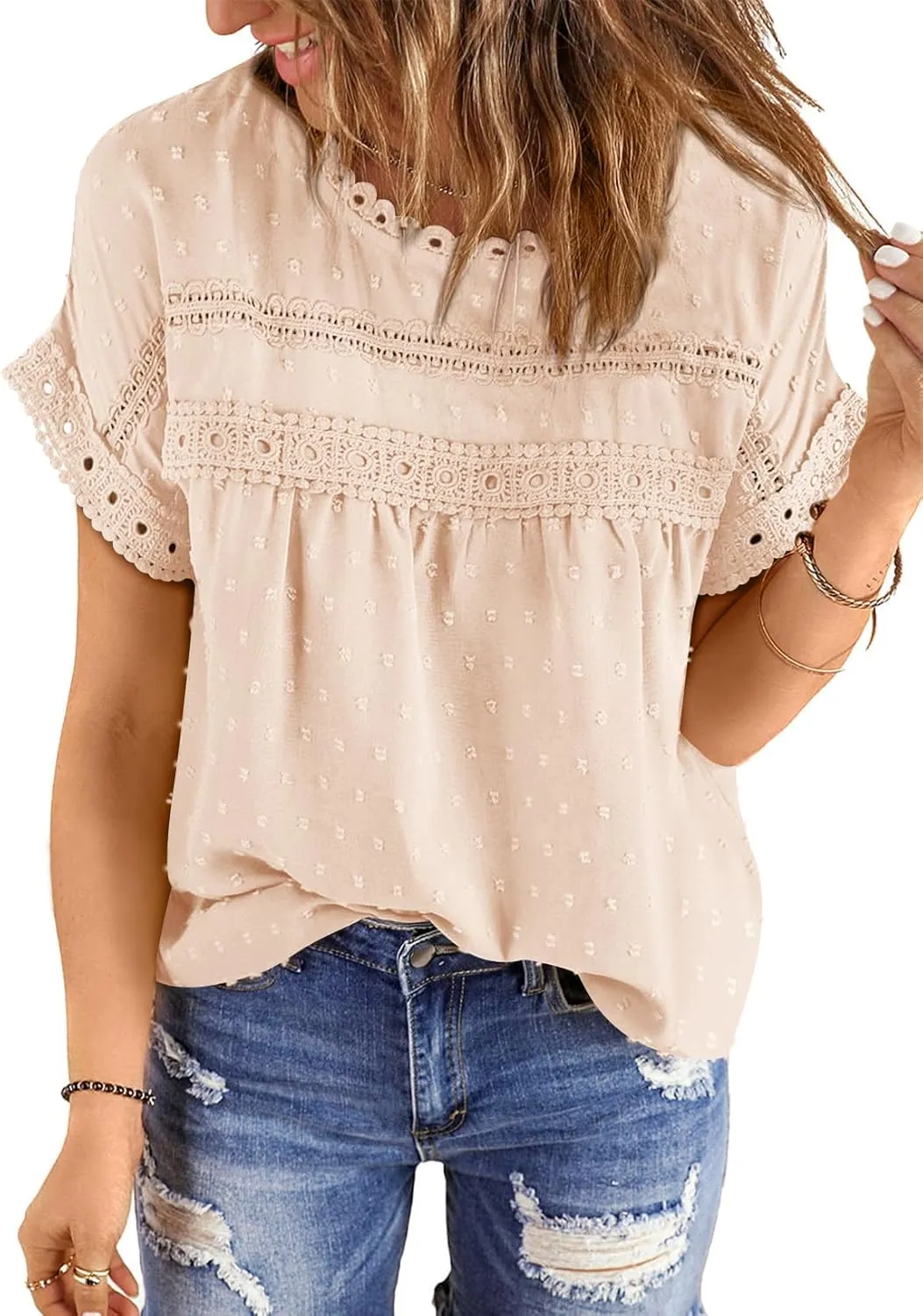 Womens Summer Tops 2025 Trendy Crewneck Boho Lace Crochet Short Sleeve Shirts Casual Flowy Swiss Dots Chiffon Blouses
