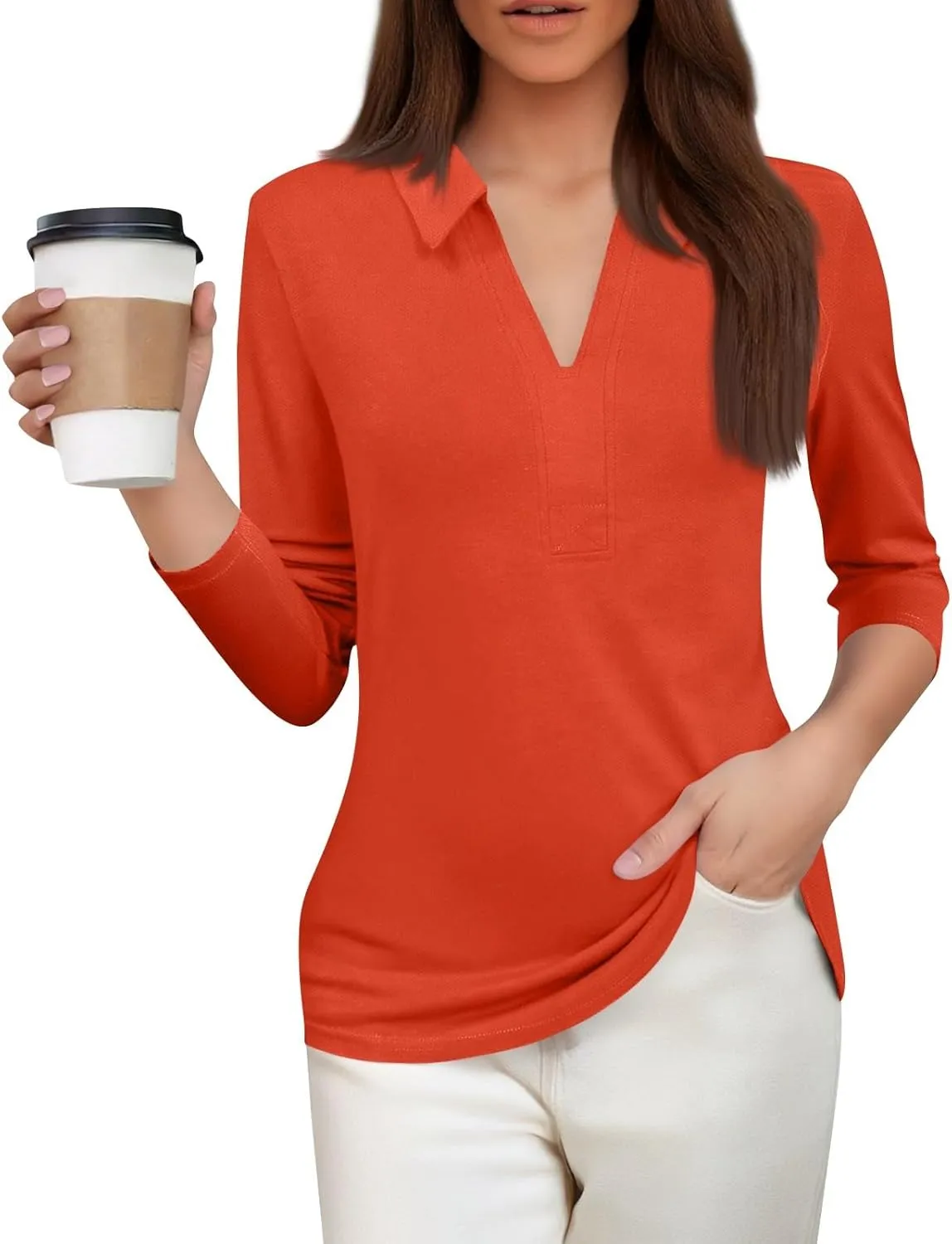 Womens Summer Tops 3/4 Sleeve Dressy Casual Polo Shirts Collared V Neck T Shirts Cotton Loose Trendy Work Clothes 2025