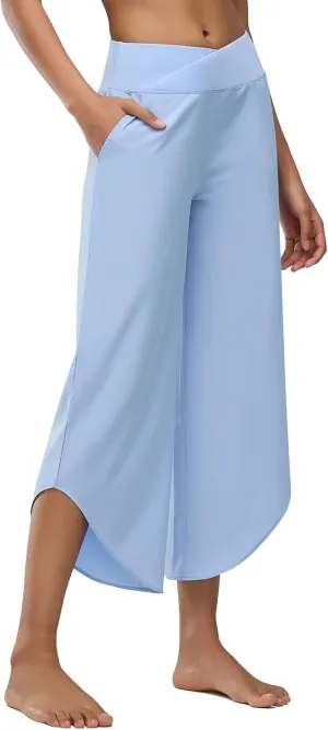 Women's Travel Pants Cross High Waist Wide Leg Lounge Cropped Pants Lightweight Casual Yoga Trousers w Pockets