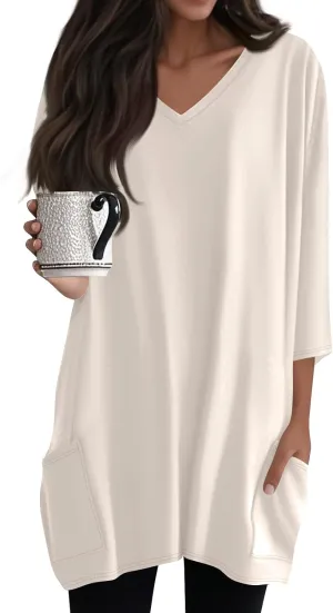 Womens Tunics To Wear With Leggings Summer 3/4 Length Sleeve V Neck Tshirts With Pockets Long Blouses Dressy Casual