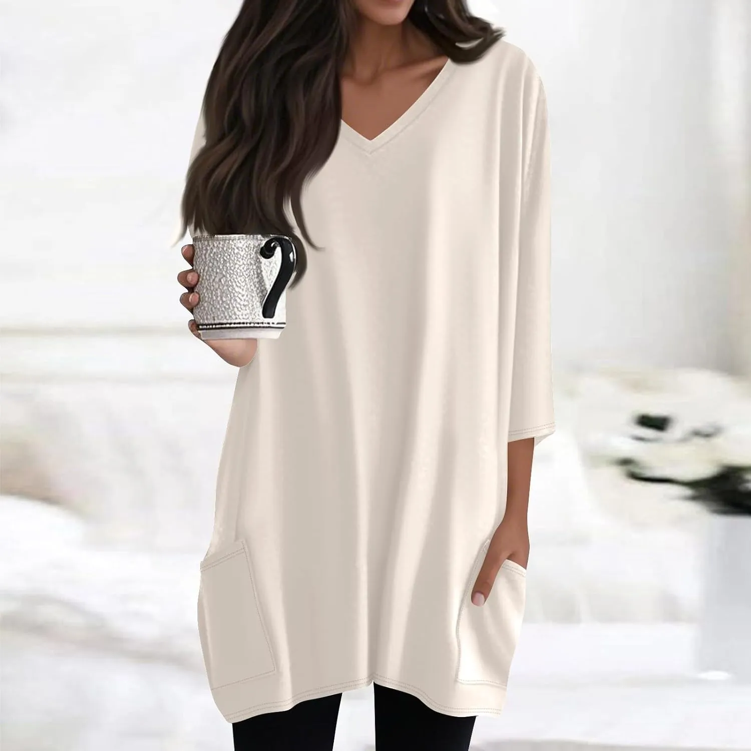 Womens Tunics To Wear With Leggings Summer 3/4 Length Sleeve V Neck Tshirts With Pockets Long Blouses Dressy Casual