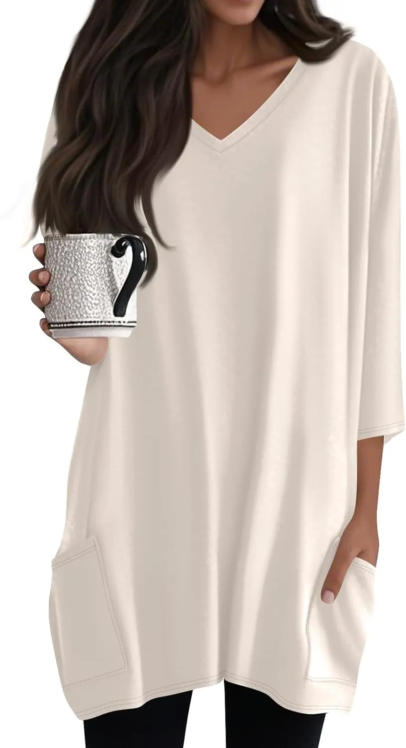 Womens Tunics To Wear With Leggings Summer 3/4 Length Sleeve V Neck Tshirts With Pockets Long Blouses Dressy Casual