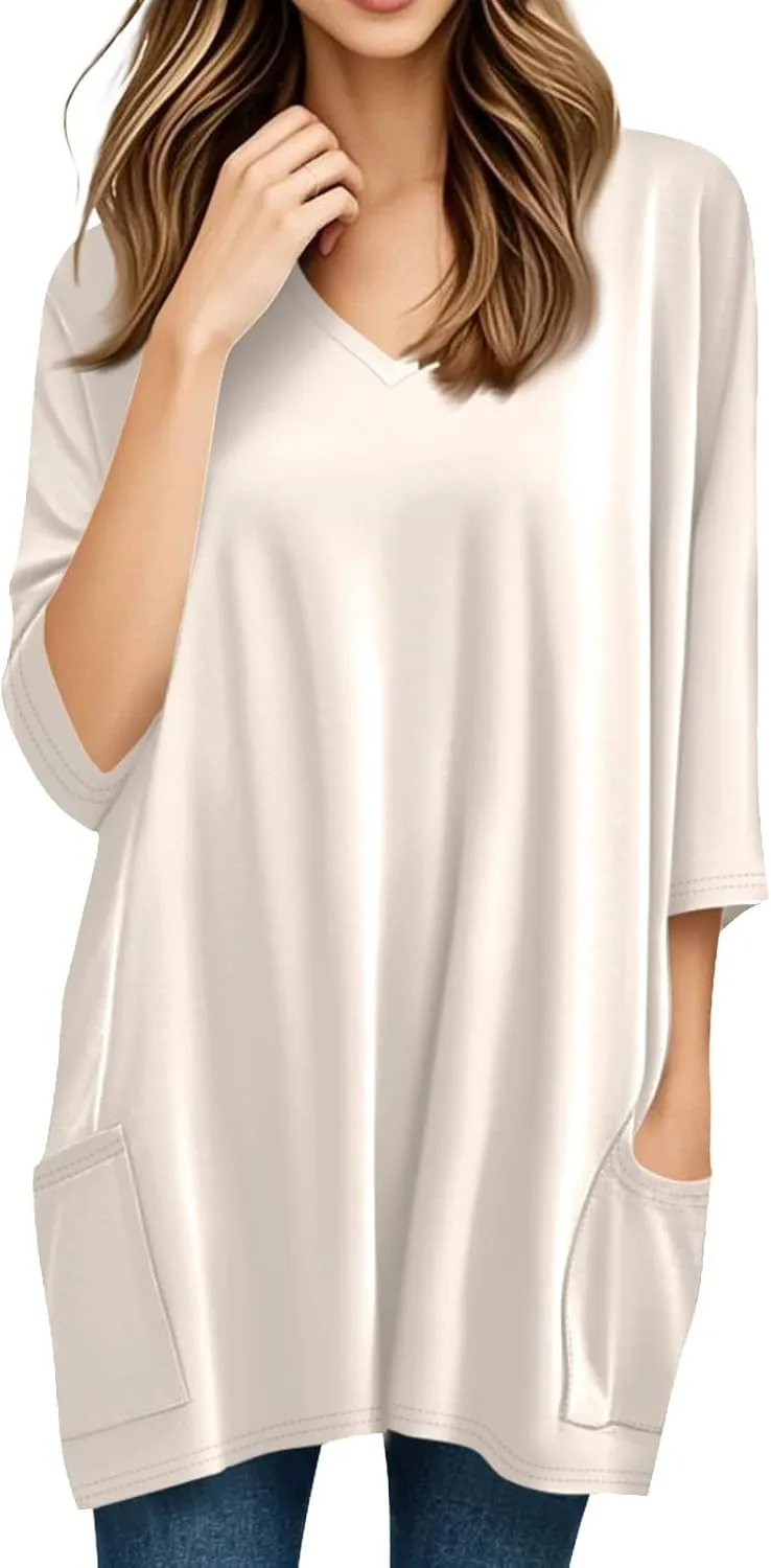 Womens Tunics To Wear With Leggings Summer 3/4 Length Sleeve V Neck Tshirts With Pockets Long Blouses Dressy Casual
