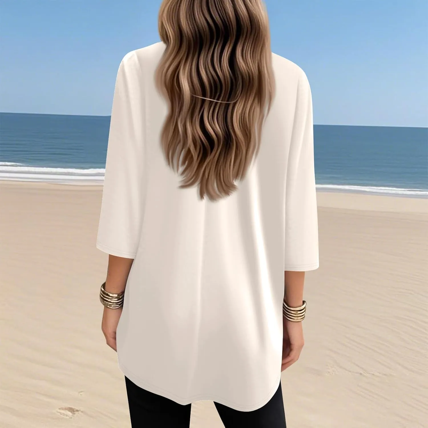 Womens Tunics To Wear With Leggings Summer 3/4 Length Sleeve V Neck Tshirts With Pockets Long Blouses Dressy Casual