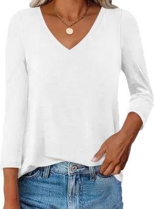Womens V Neck 3/4 Sleeve T Shirts Basic Curved Hem Tunic Tops Casual Loose Fit Tees 2025