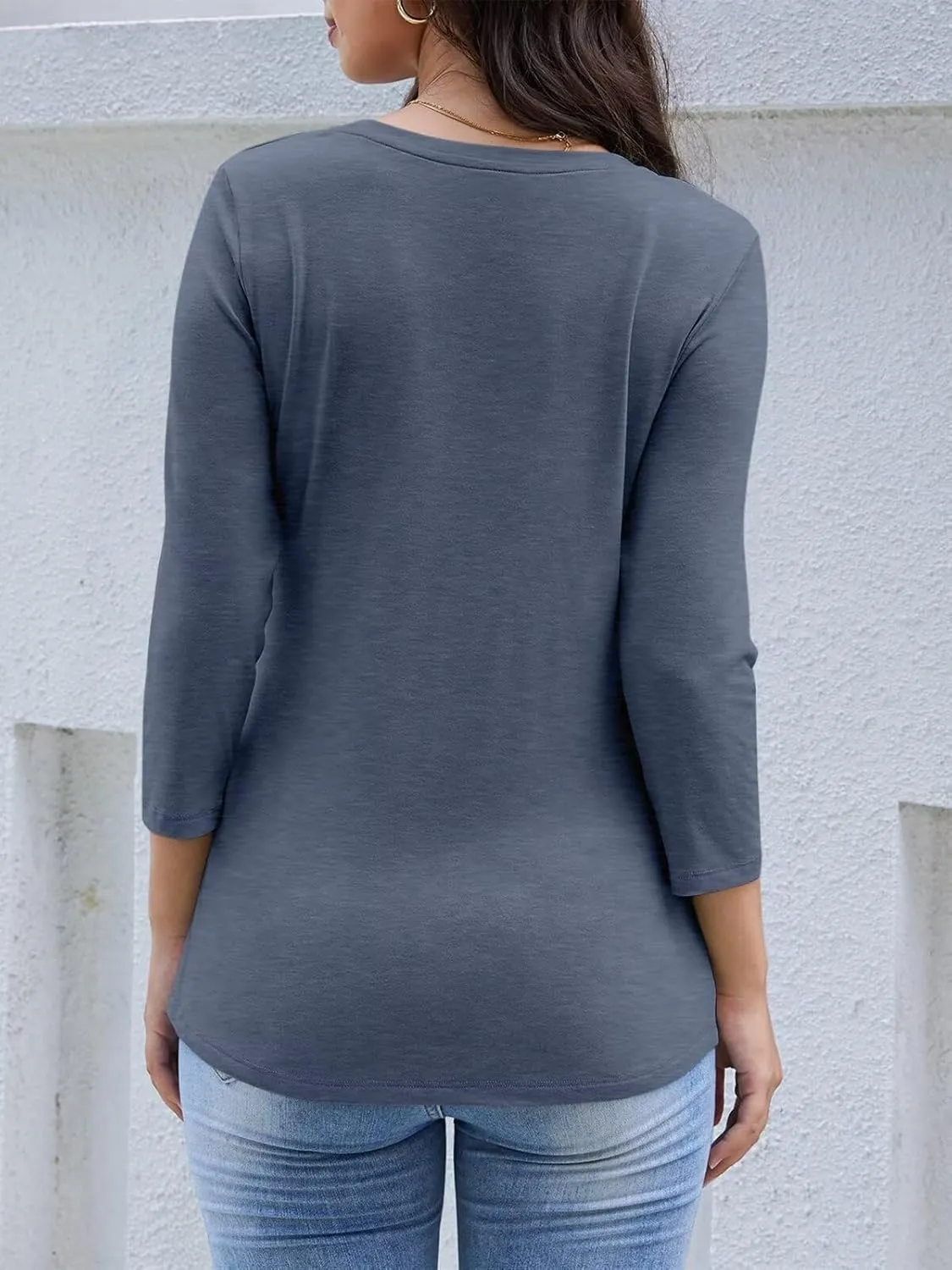 Womens V Neck 3/4 Sleeve T Shirts Basic Curved Hem Tunic Tops Casual Loose Fit Tees 2025