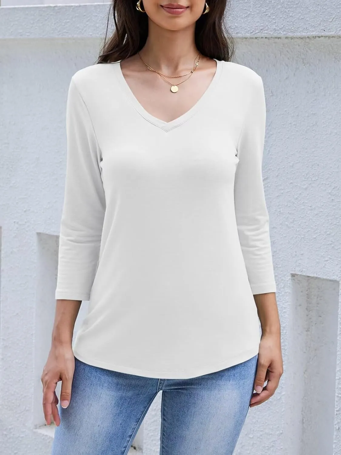 Womens V Neck 3/4 Sleeve T Shirts Basic Curved Hem Tunic Tops Casual Loose Fit Tees 2025