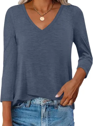 Womens V Neck 3/4 Sleeve T Shirts Basic Curved Hem Tunic Tops Casual Loose Fit Tees 2025