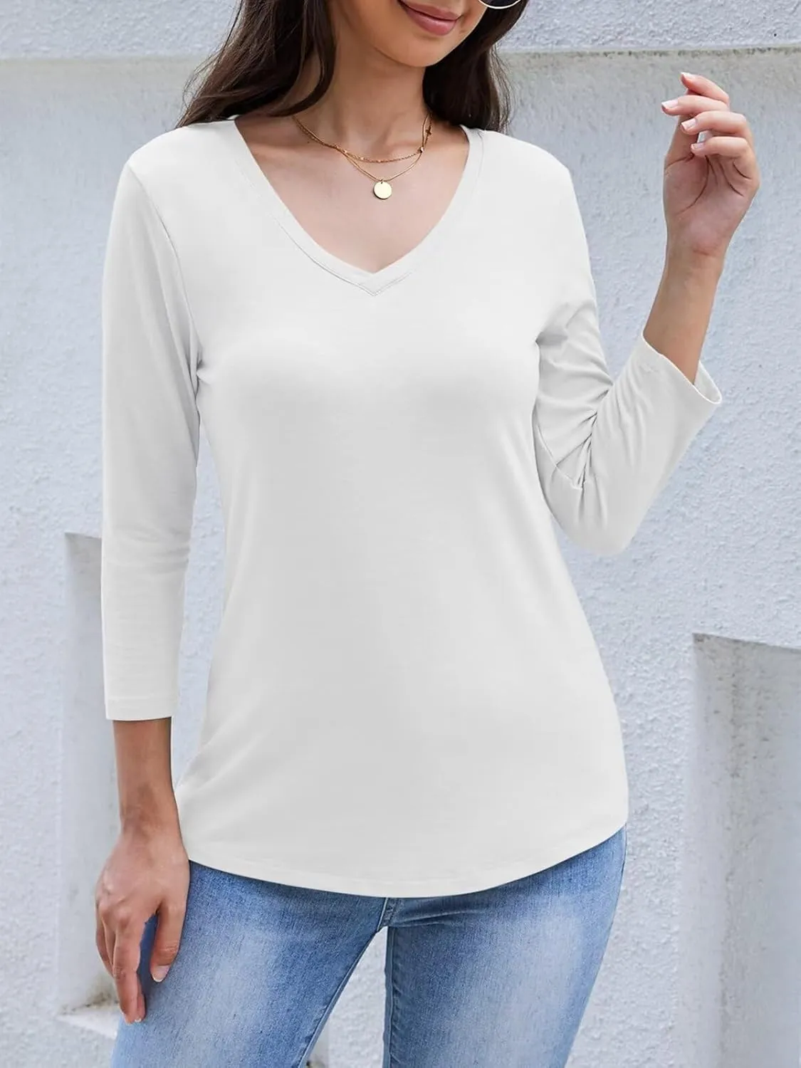 Womens V Neck 3/4 Sleeve T Shirts Basic Curved Hem Tunic Tops Casual Loose Fit Tees 2025