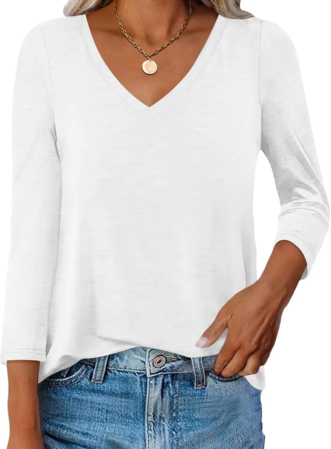 Womens V Neck 3/4 Sleeve T Shirts Basic Curved Hem Tunic Tops Casual Loose Fit Tees 2025