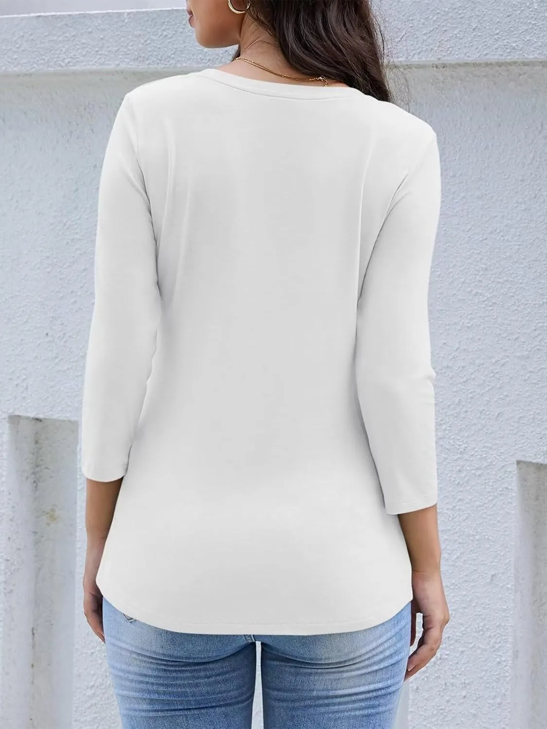 Womens V Neck 3/4 Sleeve T Shirts Basic Curved Hem Tunic Tops Casual Loose Fit Tees 2025