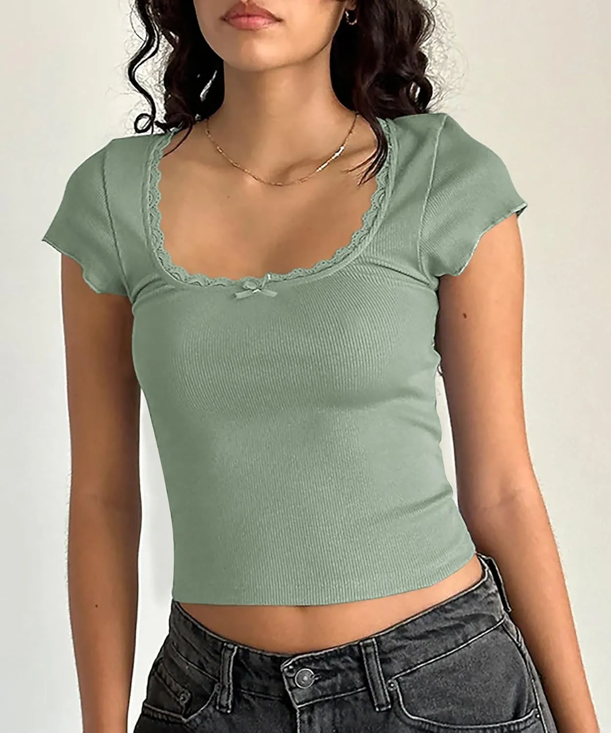 Yousify Womens Shorts Sleeve Crop Tops Summer Y2K Lace Square Neck Slim Fitted Basic Ribbed Tee Blouse Shirts