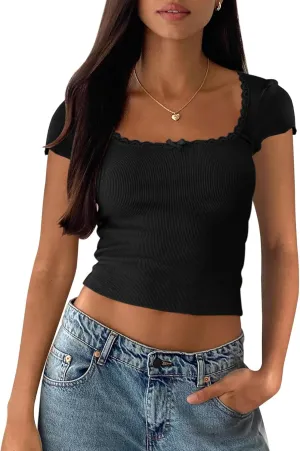 Yousify Womens Shorts Sleeve Crop Tops Summer Y2K Lace Square Neck Slim Fitted Basic Ribbed Tee Blouse Shirts