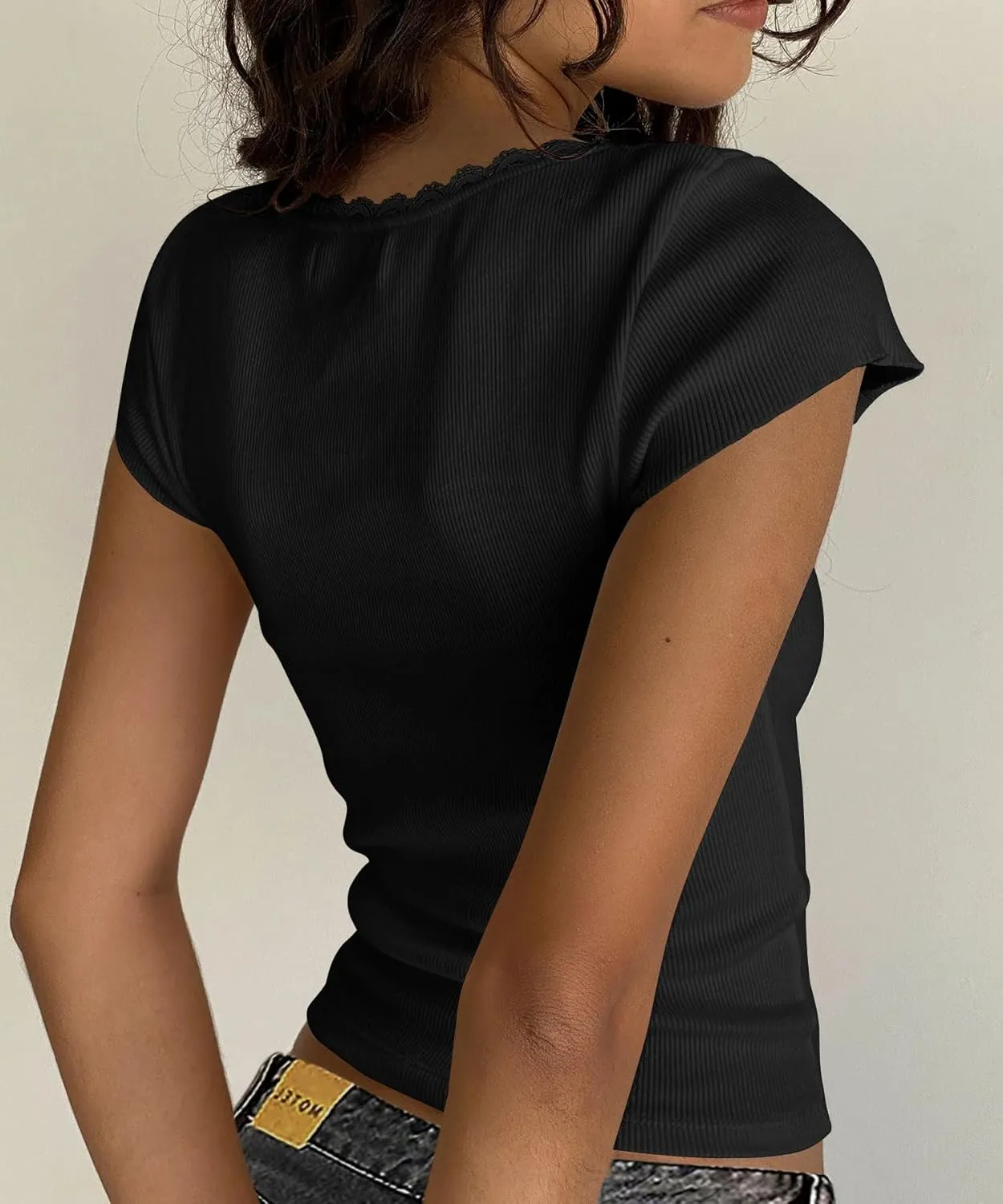 Yousify Womens Shorts Sleeve Crop Tops Summer Y2K Lace Square Neck Slim Fitted Basic Ribbed Tee Blouse Shirts