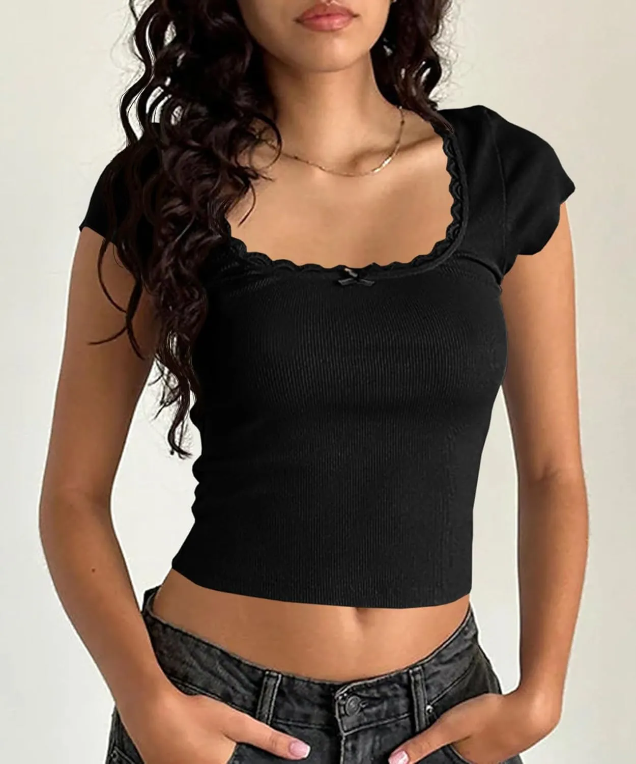 Yousify Womens Shorts Sleeve Crop Tops Summer Y2K Lace Square Neck Slim Fitted Basic Ribbed Tee Blouse Shirts