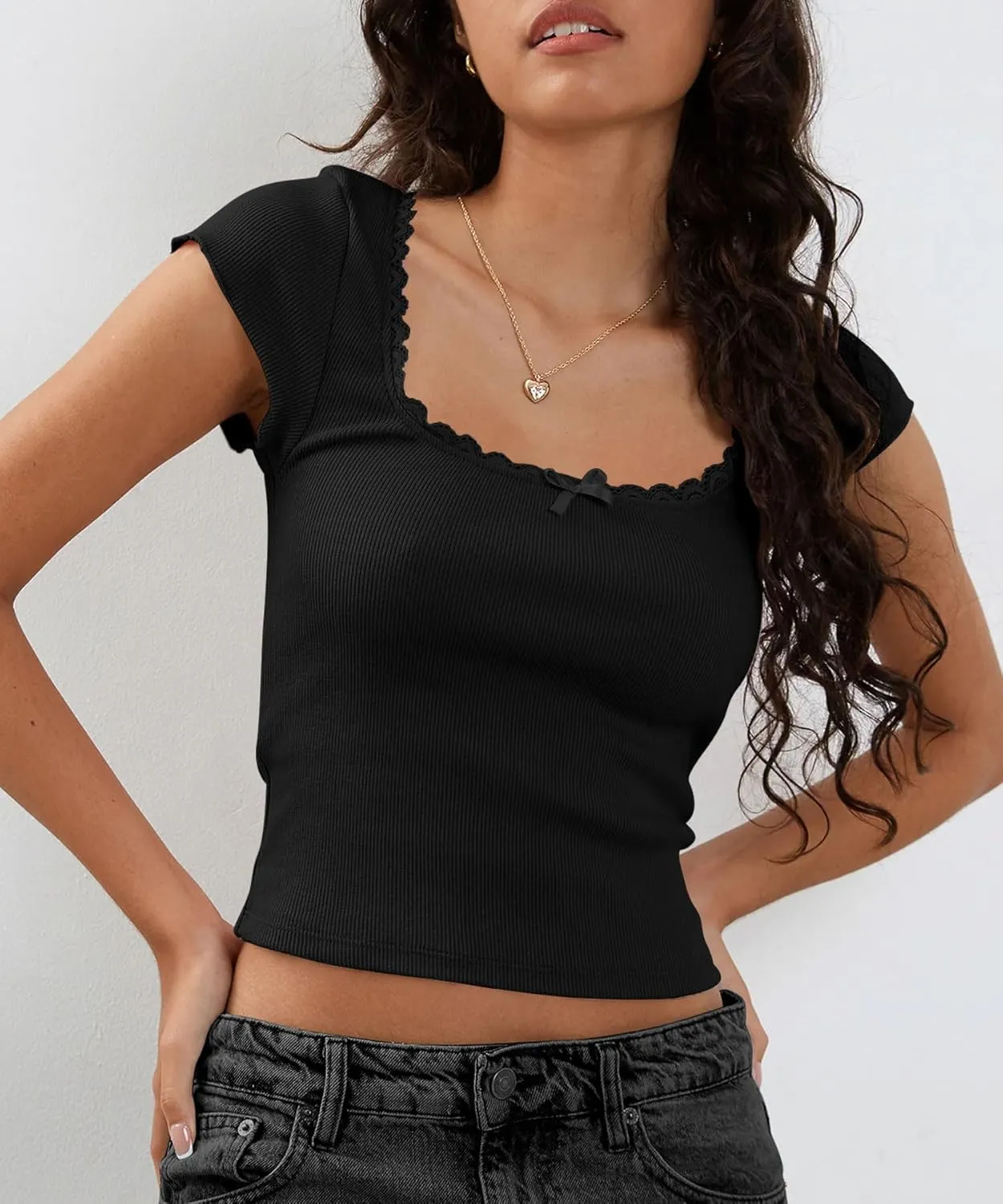 Yousify Womens Shorts Sleeve Crop Tops Summer Y2K Lace Square Neck Slim Fitted Basic Ribbed Tee Blouse Shirts