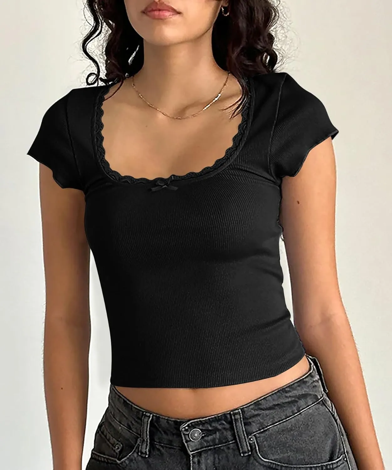 Yousify Womens Shorts Sleeve Crop Tops Summer Y2K Lace Square Neck Slim Fitted Basic Ribbed Tee Blouse Shirts